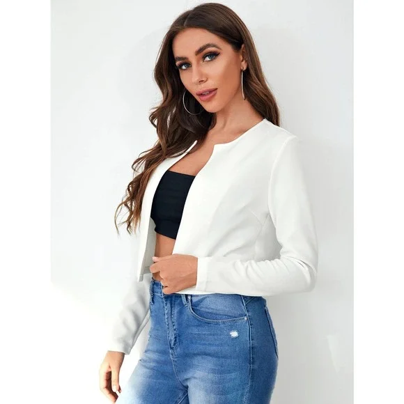 Business casual minimalist white Open Front Solid Crop Blazer - Picture 3 of 8